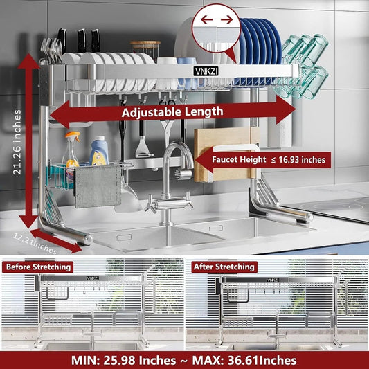 Over Sink Dish Drying Rack, 2 Tier Full Stainless Steel Storage Adjustable  Kitchen Rack, Multifunctional Expandable SHOWLU FASHION STORE