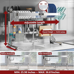 Over Sink Dish Drying Rack, 2 Tier Full Stainless Steel Storage Adjustable  Kitchen Rack, Multifunctional Expandable SHOWLU FASHION STORE