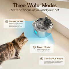A stainless steel pet water fountain with three flow modes shown next to a cat.