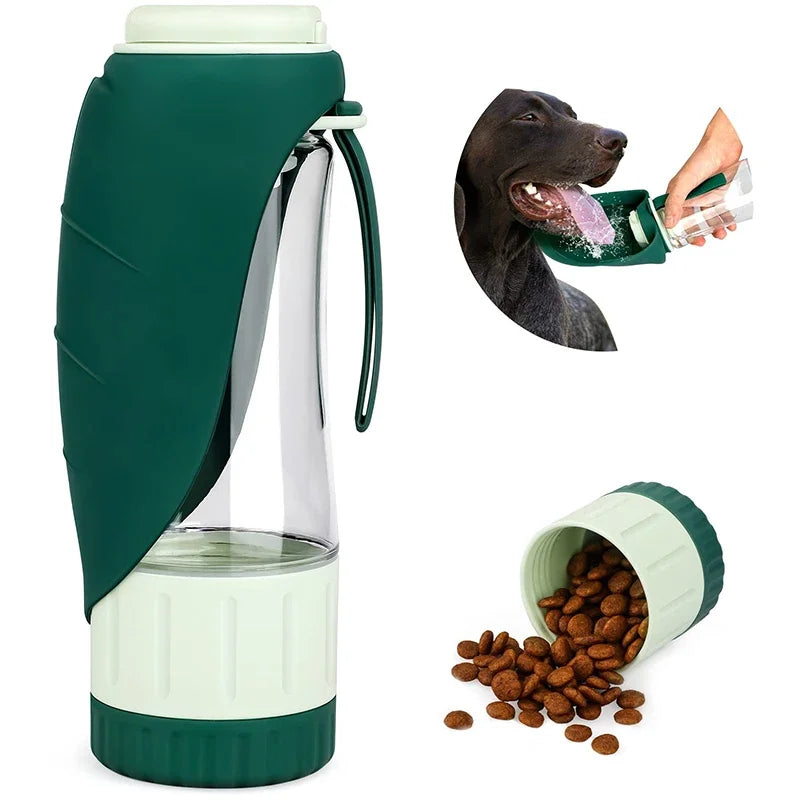 Showlu 2-in-1 portable dog water bottle and food container for hiking, compact pet hydration and feeding solution.