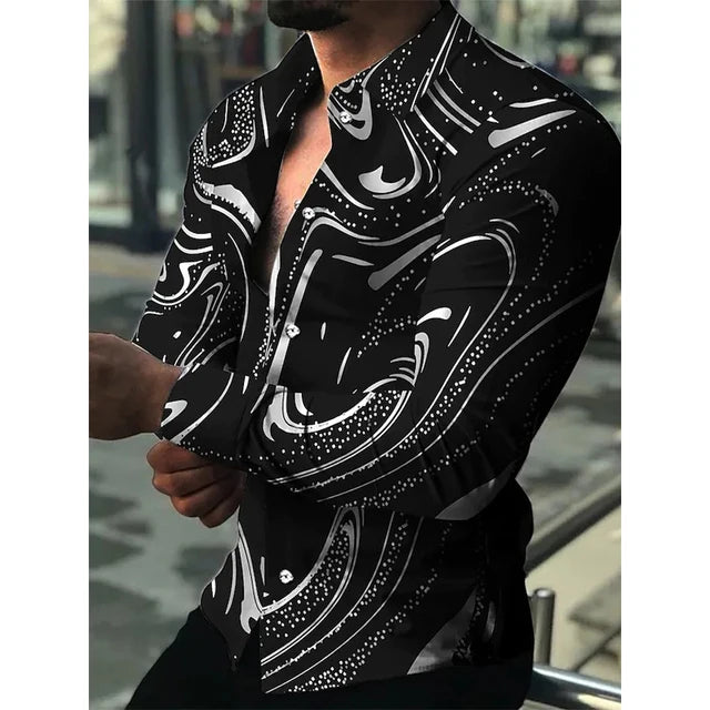 Men's Hawaiian piano luxury designer shirt by Showlu Fashion with floral 3D print, long sleeves, casual single-breasted top