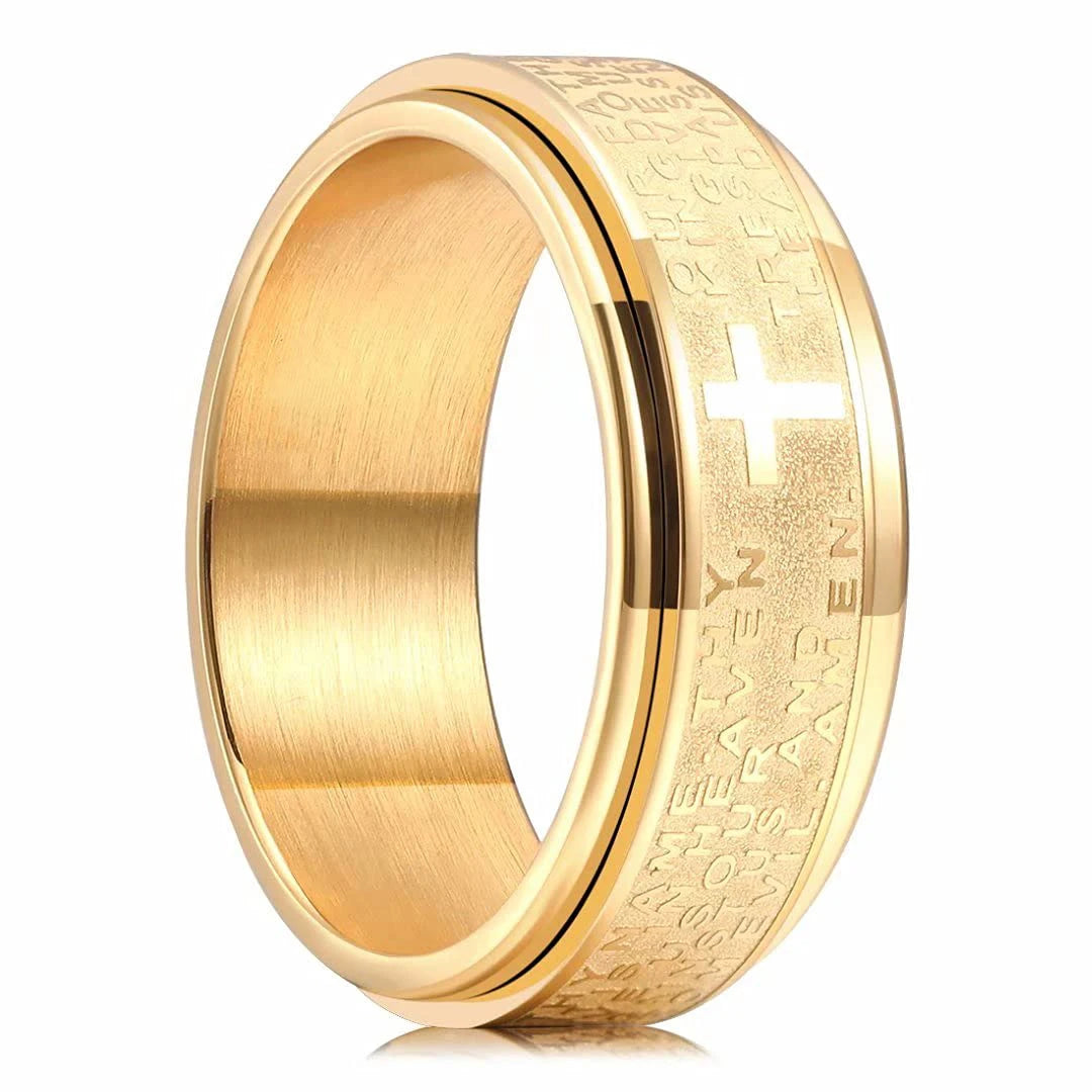 Showlu stainless steel Christian cross spinner anxiety ring for men and women, featuring a sleek, polished design with a spinning cross centerpiece.