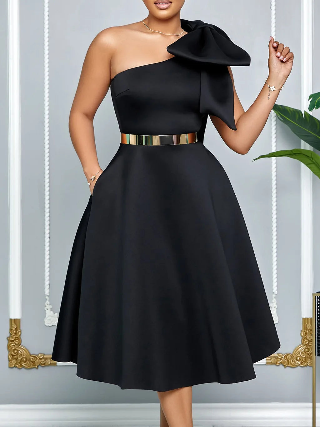 2024 new plus-size women's fashion skew shoulder bow banquet swing dress