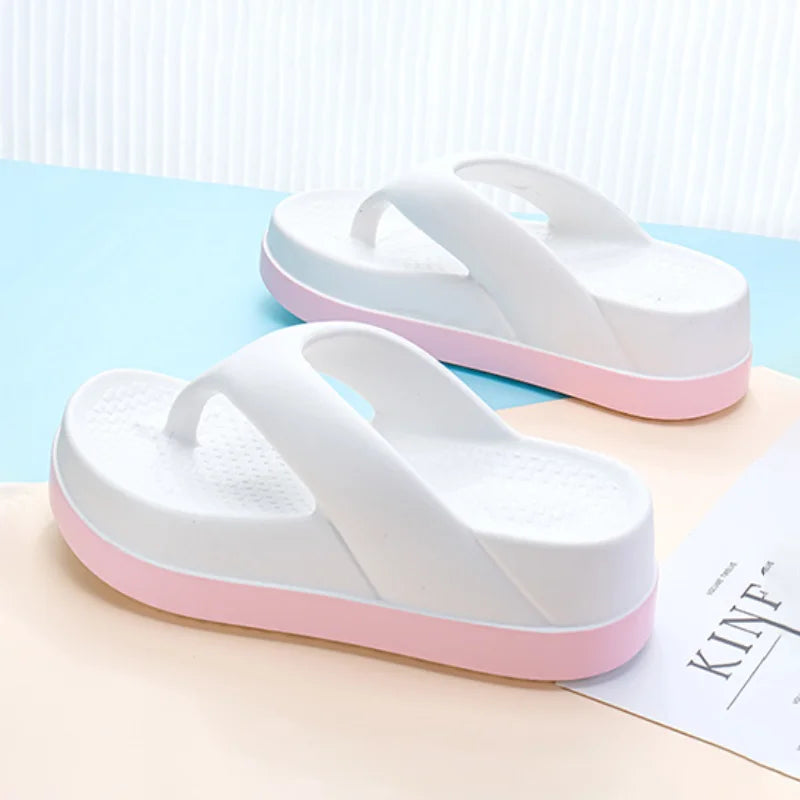 SHOWLU Women's platform flip flops with non-slip soles, casual summer sandals in beige with thick soles and open toe design.