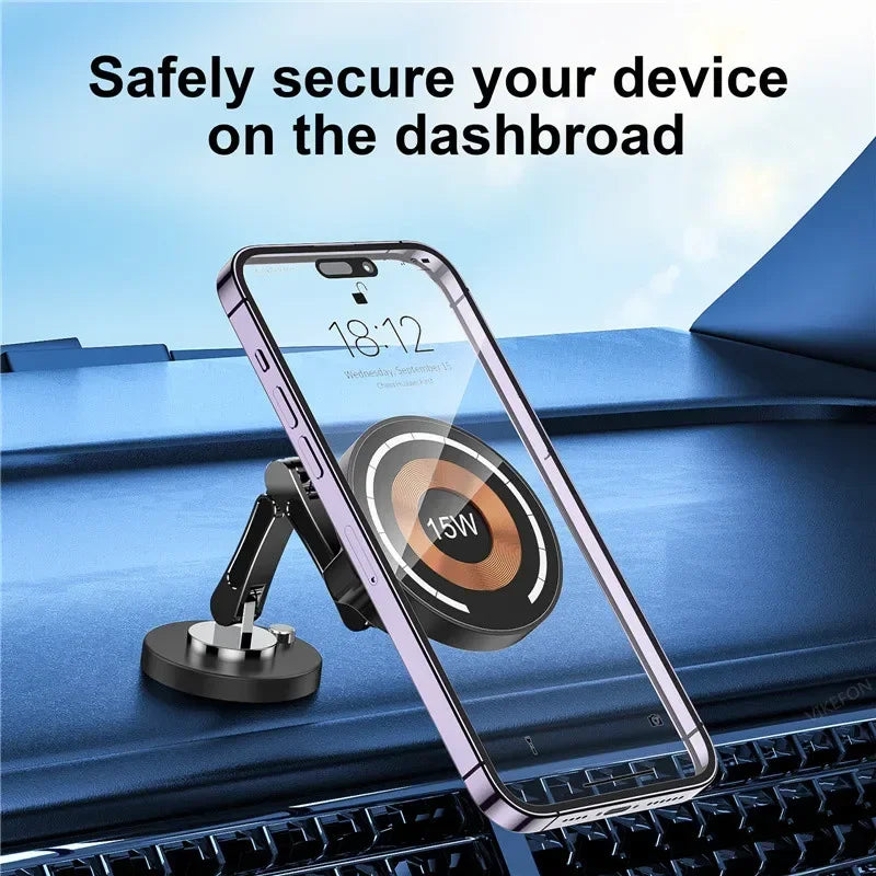 Showlu Smart General magnetic car wireless charger phone holder with 15W fast charging, holding a smartphone securely in a car.