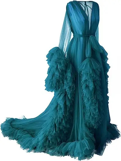 Sexy deep V-neck tulle maternity dress with lace hollow details, long sleeves, feather accents, perfect for photoshoots by Showlu Fashion.