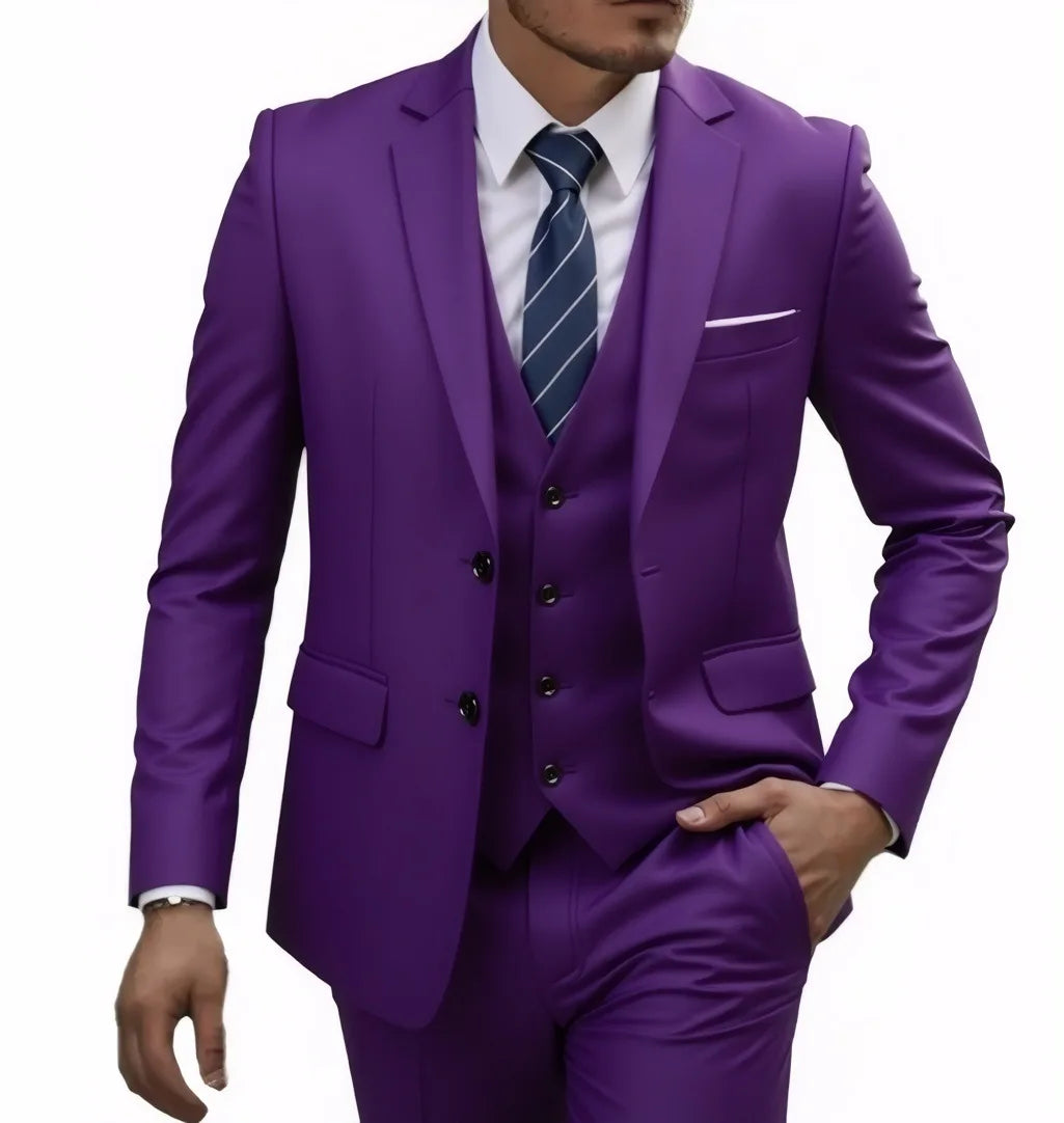 Men's casual 3-piece suit with blazer, trousers, and vest in 13 colors, featuring a classic two-button blazer from Showlu Fashion.