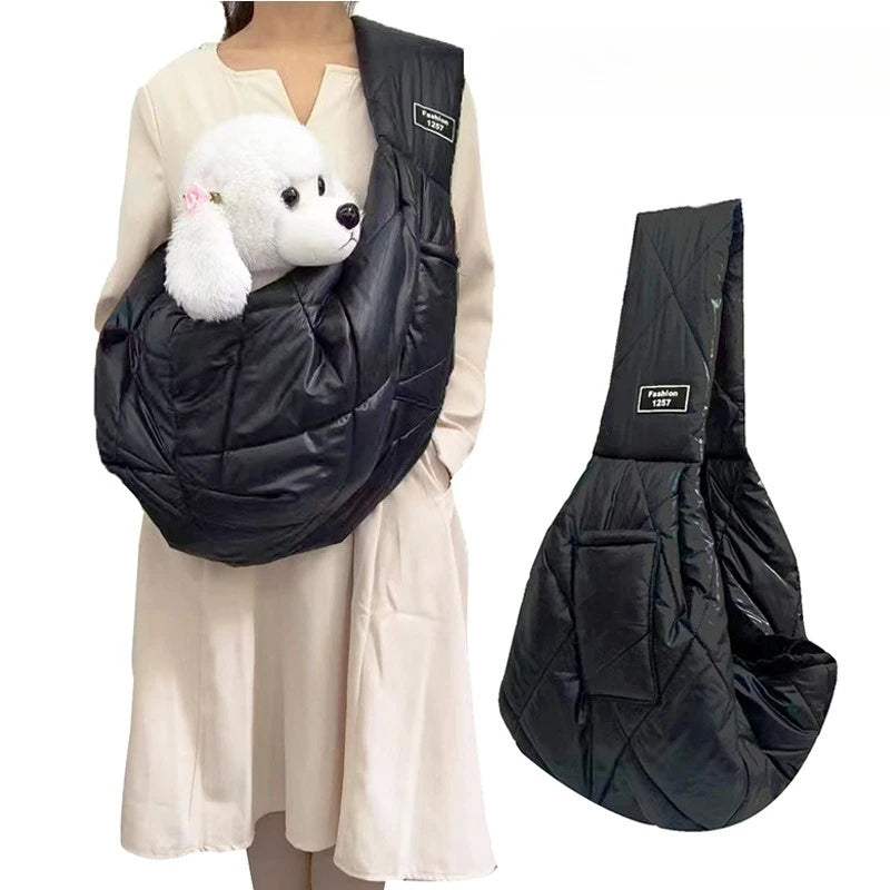 Showlu Fashion ZHUOJI leather pet sling carrier with adjustable straps, designed for hands-free dog and cat travel.