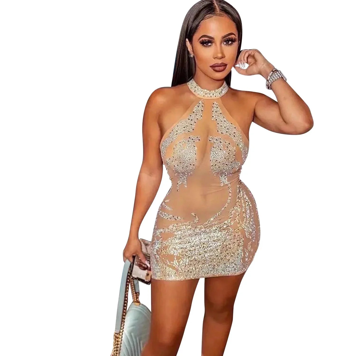 Women's Rhinestone Mesh Mini Dress by SHOWLU FASHION, sexy sheath bodycon party dress with sparkling rhinestones and mesh fabric.