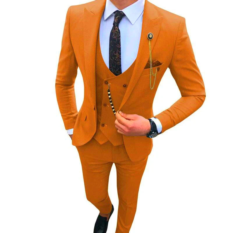 SHOWLU men's 3-piece slim fit wool suit with single-breasted tuxedo jacket, dress shirt, and matching trousers.