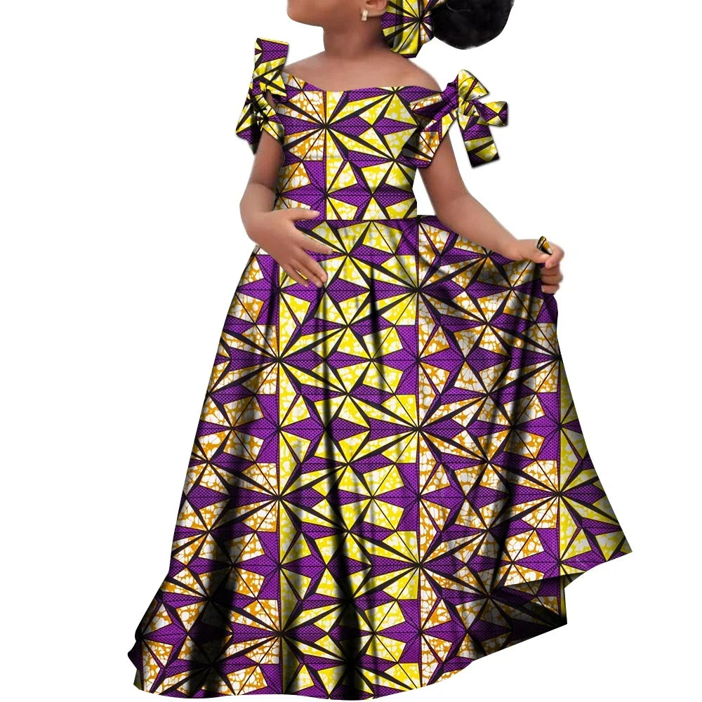 African Dashiki cotton dress with matching headscarf for girls, featuring vibrant patterns and traditional African style.