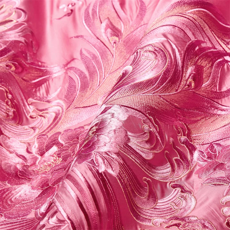 Pink Luxury Chinese Style Wedding Bedding Set Satin Jacquard Egyptian Cotton Peony Embroidery Duvet Cover Bed Sheet Pillowcases