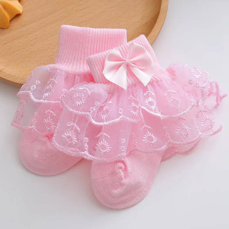 Toddler cotton lace ruffle princess mesh socks in candy colors, breathable and lightweight ankle socks for ages 0-2 years.