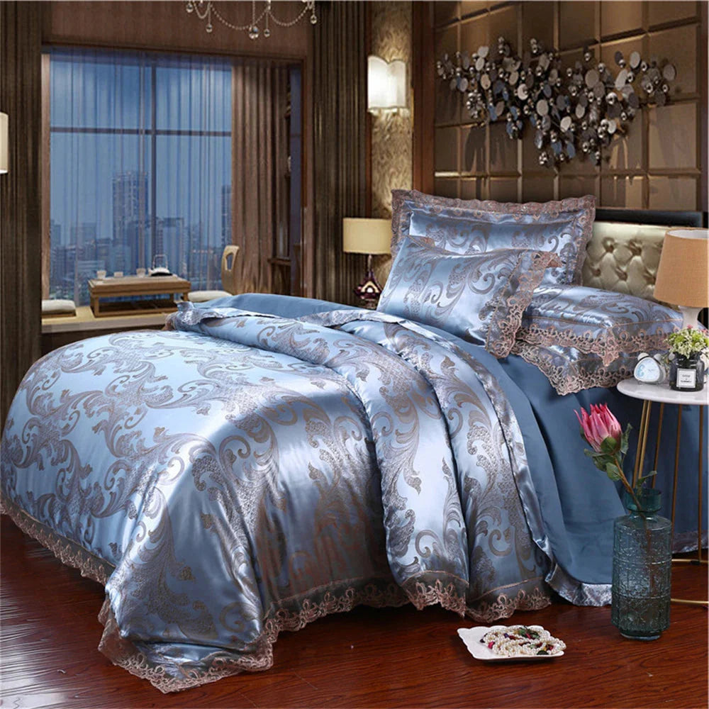 Nordic satin jacquard duvet cover set with floral pattern, luxurious bedding from SHOWLU FASHION STORE in elegant design