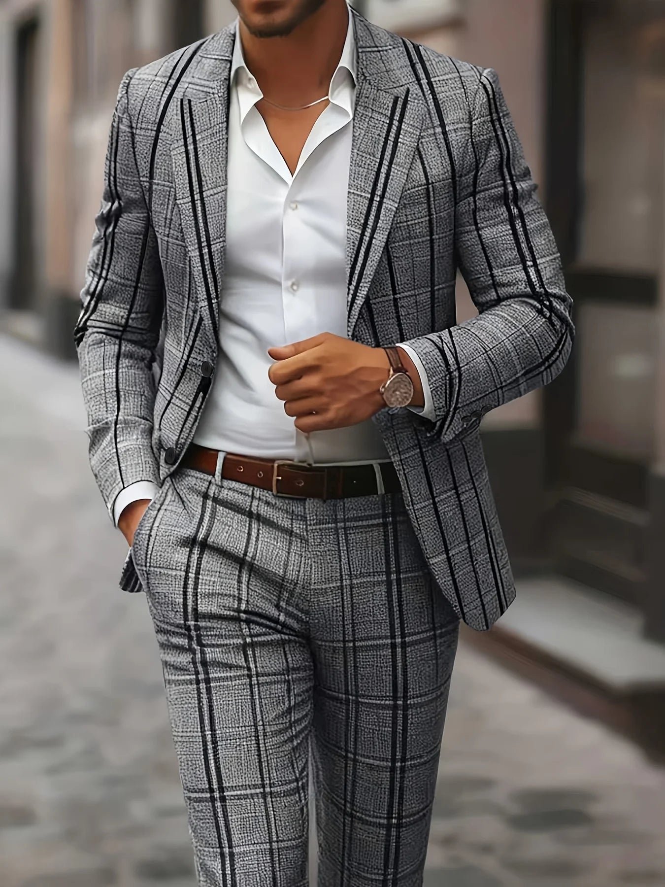 Classic grey plaid men's business casual two-piece suit by 1170uf-he, featuring a tailored blazer and matching trousers.