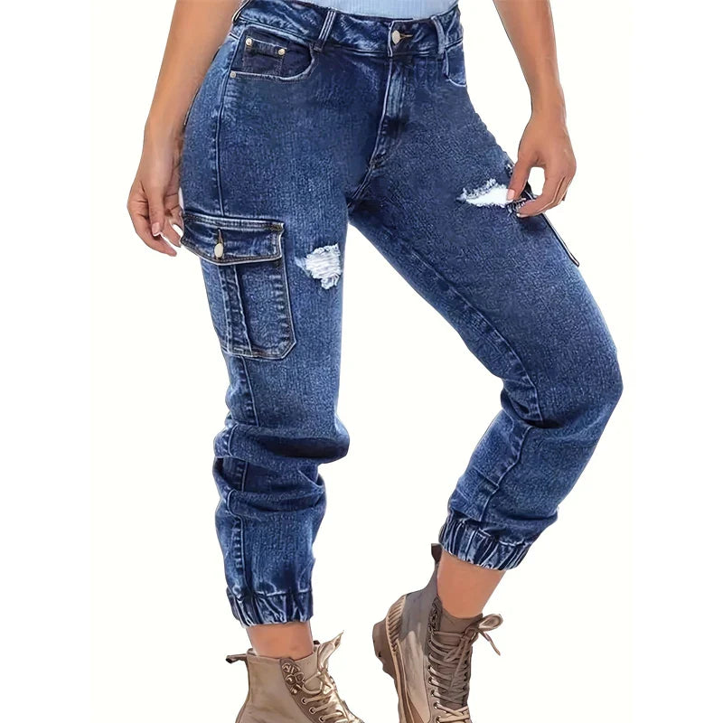 SHOWLU Women's distressed skinny cargo jeans in stretch denim, featuring a stylish, fitted design and multiple utility pockets.