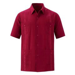 2025 New Summer Men's Guayabera Shirts Four Pockets Embroidered Short Sleeve Shirts for Men Blue Mexican Cuban Button Shirt