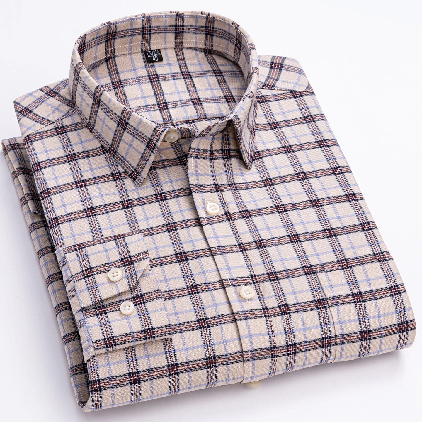 Long sleeve men's plaid oxford dress shirt in 100% pure cotton, soft regular fit, available in 6XL and 7XL sizes.