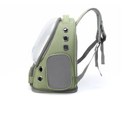 A green, foldable pet carrier backpack with a transparent front window and mesh side panels.