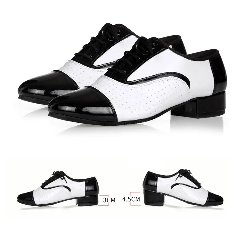Men's modern Latin dance shoes by Showlu Fashion, soft square dance shoes with mosaic color design for social and wedding dance.