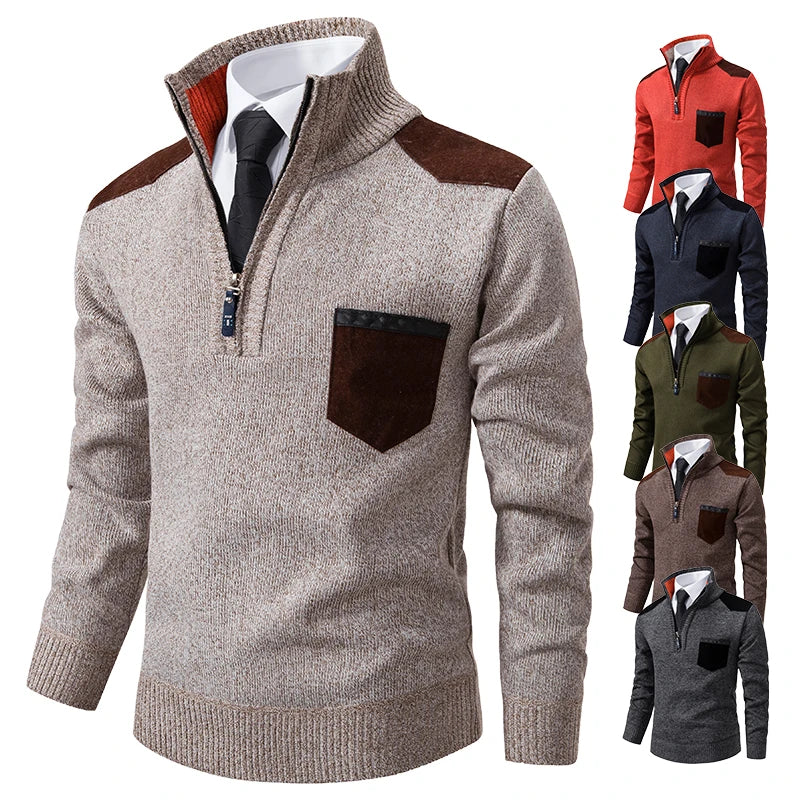 Men's cashmere pullover sweater with stand collar, half zipper, thick knit, in navy, suitable for autumn winter outdoor wear.
