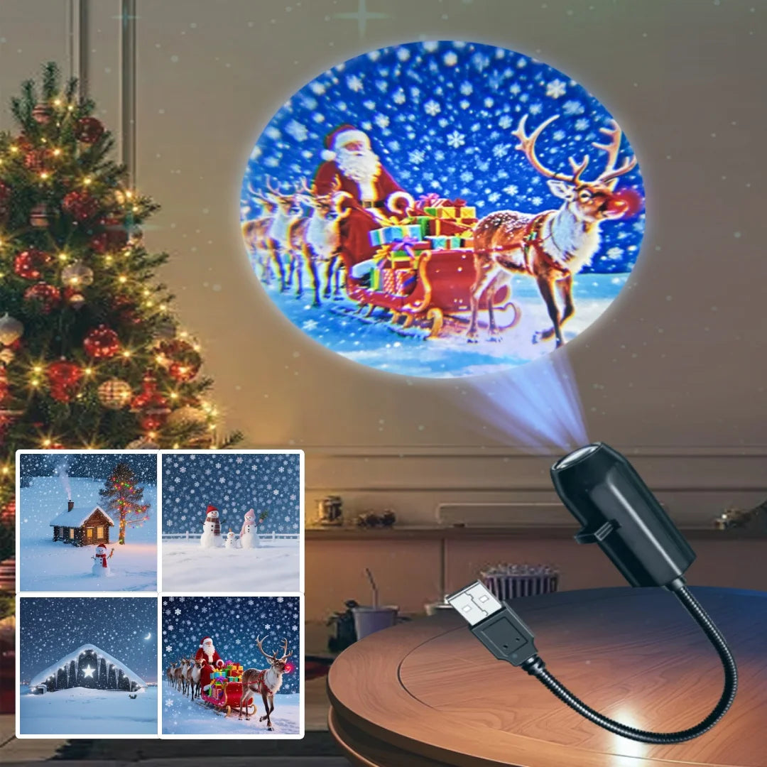 USB projector night light featuring Christmas elk and Santa Claus patterns, ideal for room ceiling or window holiday decor.