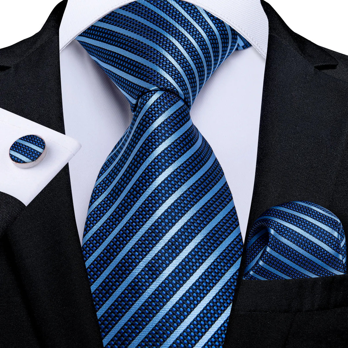 New Classic 100% Silk Men's Ties 8cm Blue Plaid Dot Striped Business Necktie Handkerchief Wedding Party Tie Set Gravatas DiBanGu