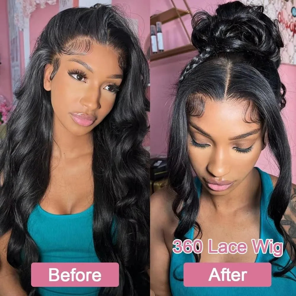 Showlu Fashion 12A Brazilian human hair lace front wig with full body wave, pre-plucked, glueless 360 HD design with drawstring.