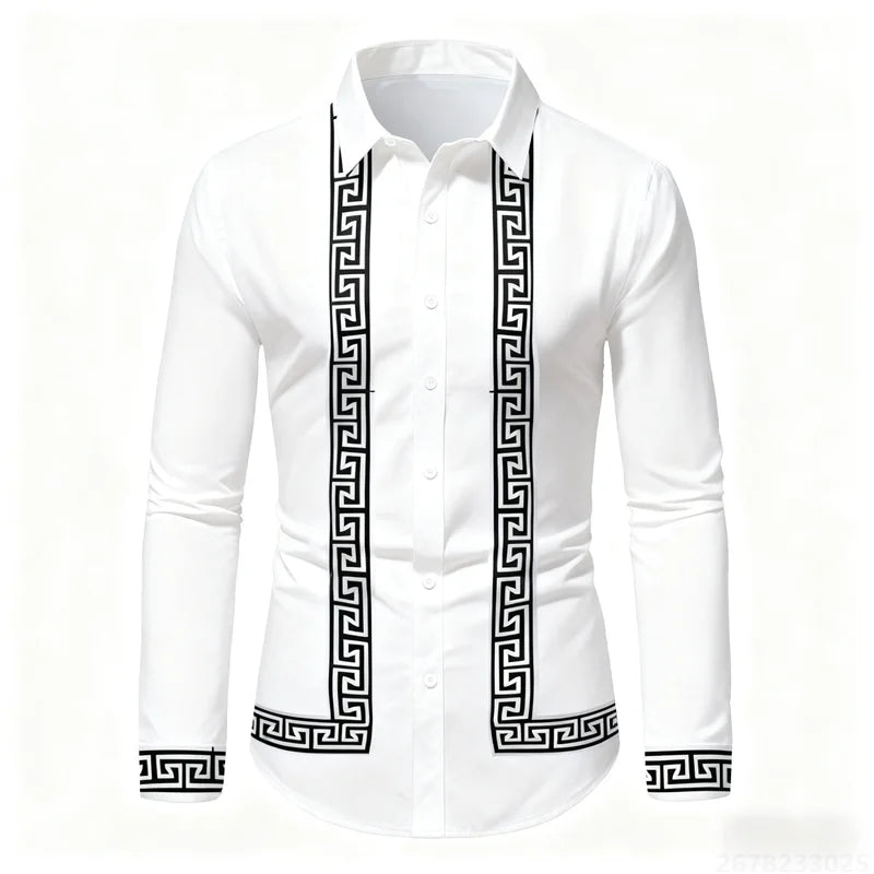 Men's retro geometric print long-sleeve shirt in black and white, slim fit, stylish casual top by Showlu Fashion Store.