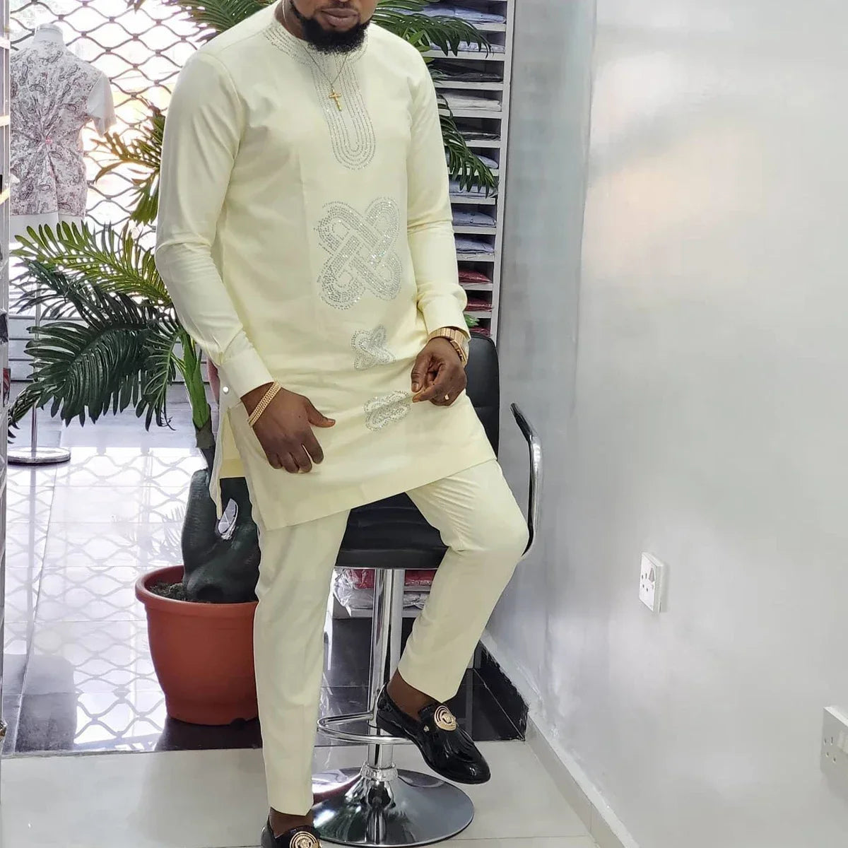 SHOWLU Men's African Kaftan tracksuit with embroidered detailing, 2-piece set, traditional and stylish for cultural wear.