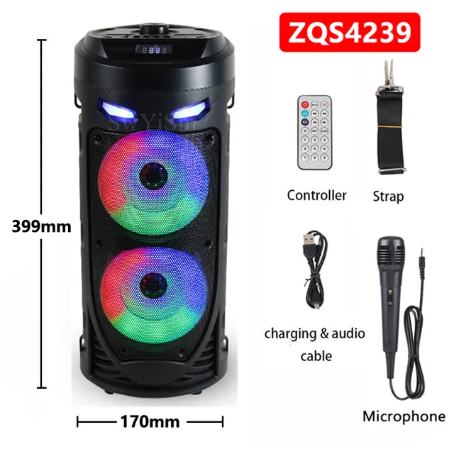 Portable MouZYuan 30W Bluetooth speaker with LED lights and wireless subwoofer for high-fidelity sound.