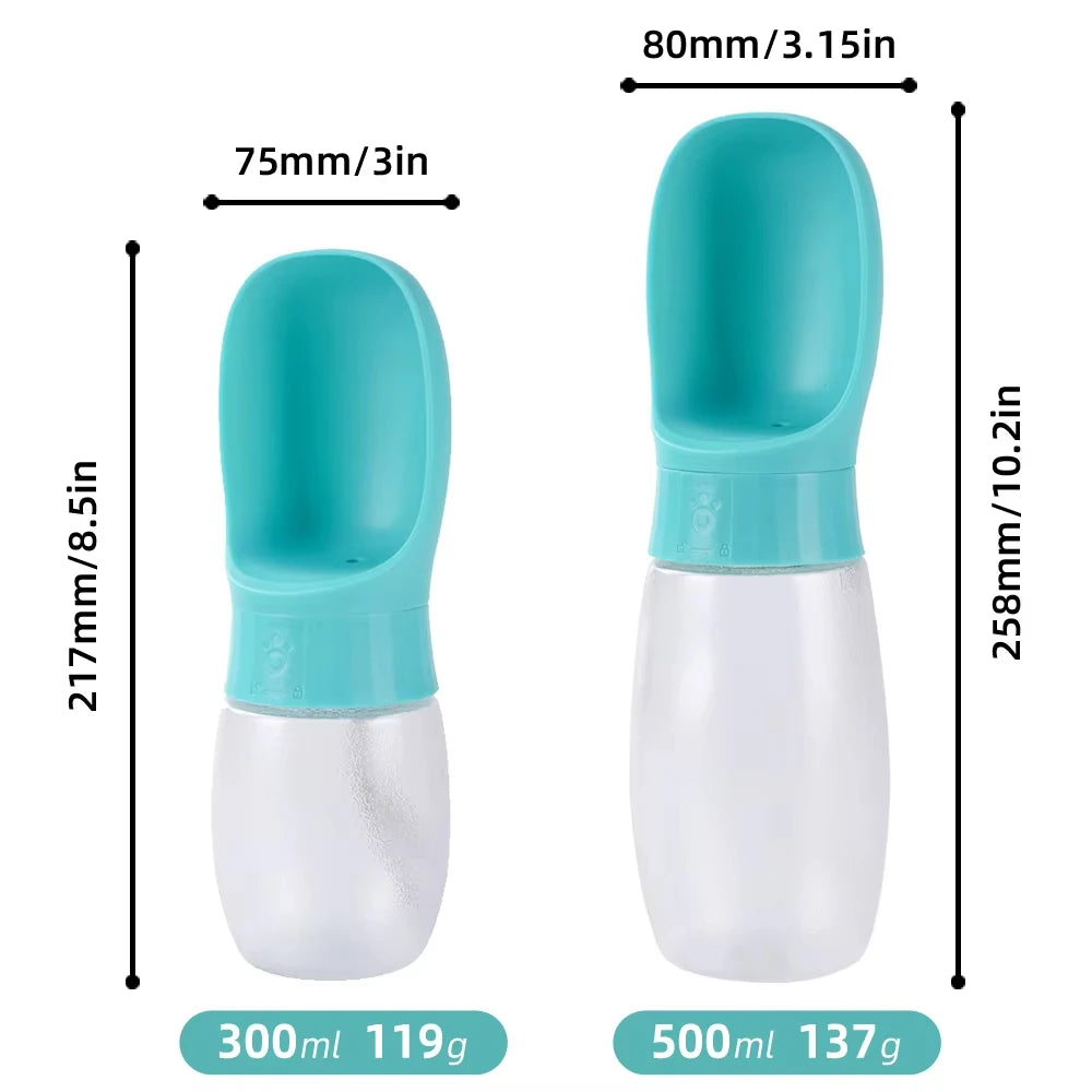 Showlu portable dog water bottle with 300ml-500ml capacity and built-in drinking bowl for travel and outdoor pet hydration.