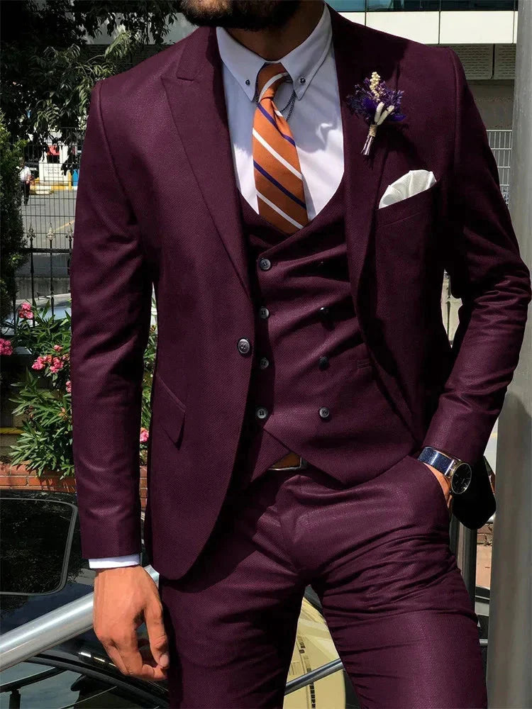 Dark blue SHOWLU men's 3-piece slim fit suit with cotton tuxedo style, suitable for weddings and formal occasions.