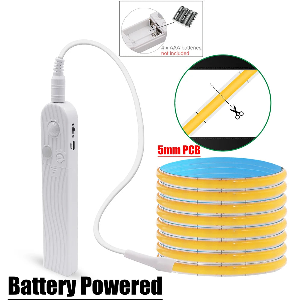 Showlu Smart Motion Sensor LED Strip Light with USB power, featuring motion detection and flexible 5V LED strip illumination.