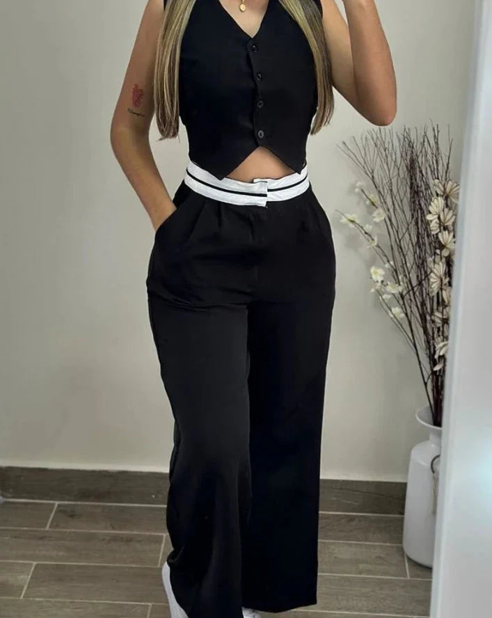 SHOWLU Women's two-piece set with V-neck buttoned vest and pocket pants, stylish and comfortable for casual wear