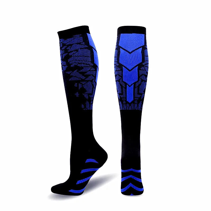 Black Showlu Fashion men's and women's compression socks for running, football, and sports with anti-fatigue and pain relief features.
