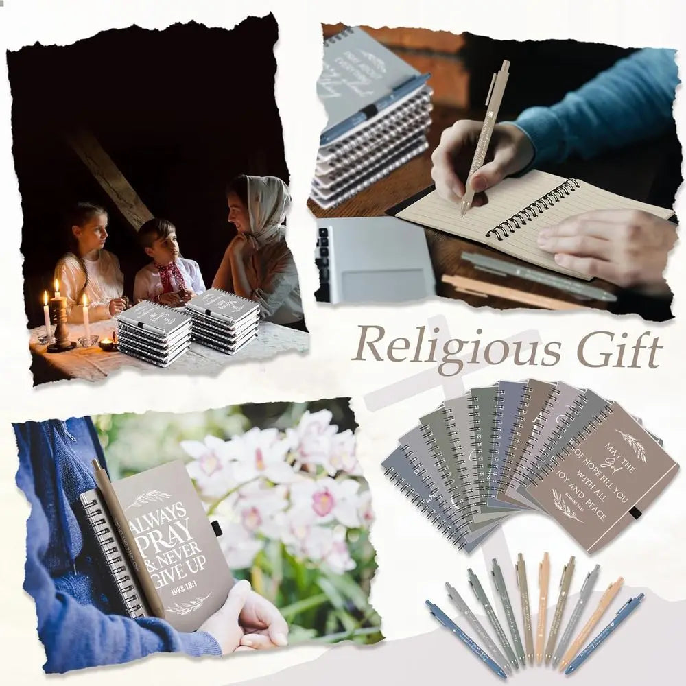 Showlu Christian spiral notebooks and Bible verse pens in a set, featuring colorful covers and inspirational scripture designs.