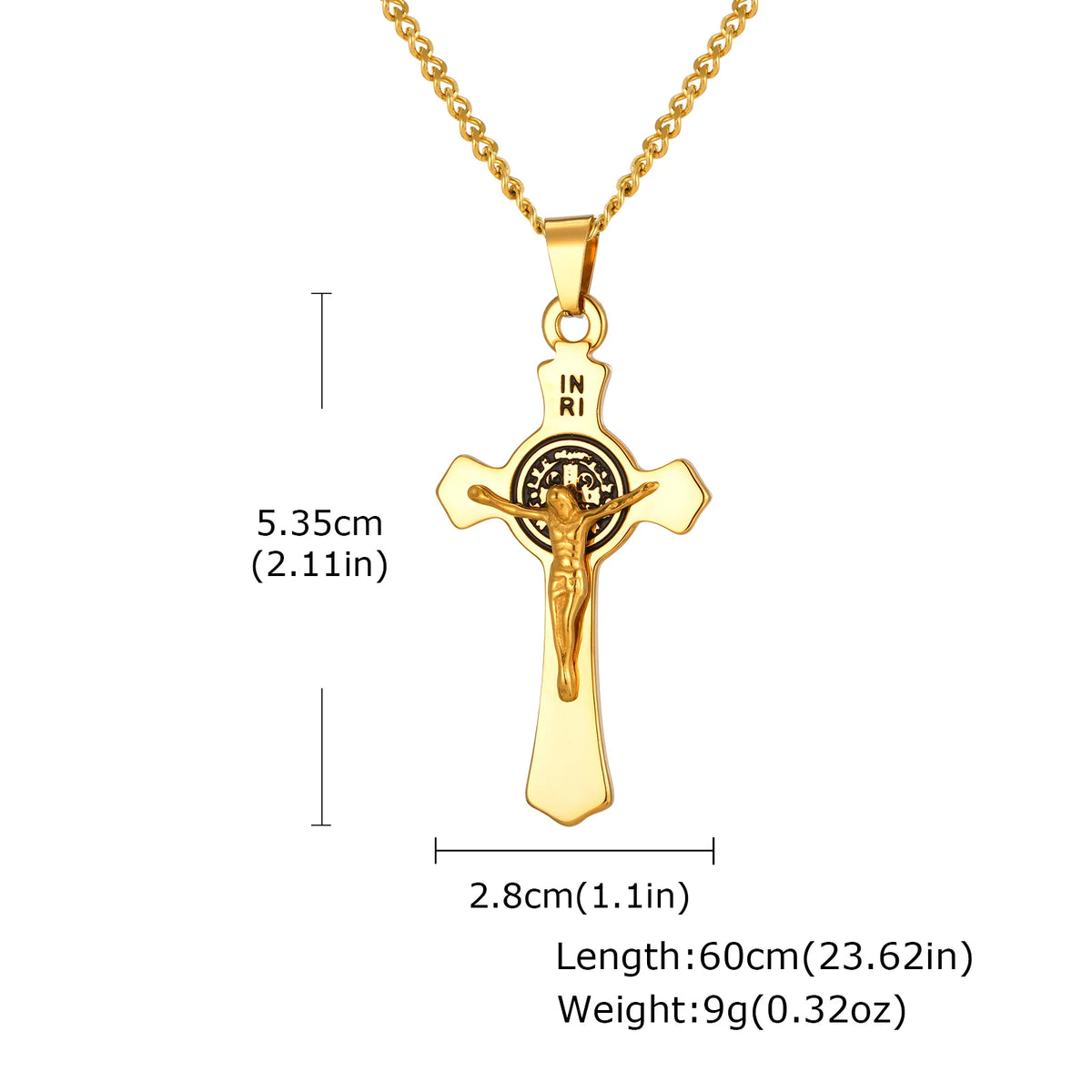 Stainless steel Catholic cross necklace with Jesus pendant in gold color, faith jewelry for men and women, prayer gift accessory
