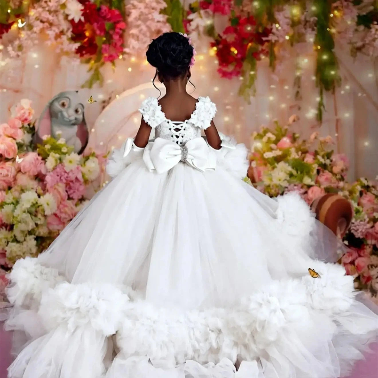Customized Pink Flower Girl Dress For Wedding Glitter Bow Sleeveless Tiered Floor Length Kids Birthday First Communion Gown