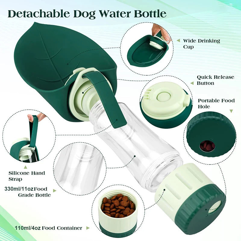Showlu 2-in-1 portable dog water bottle and food container for hiking, compact design with drinking spout and food storage compartment