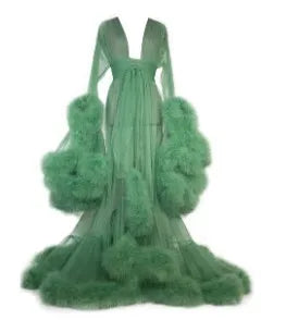 Sexy deep V-neck tulle maternity dress with lace hollow details, long sleeves, feather accents, perfect for photoshoots