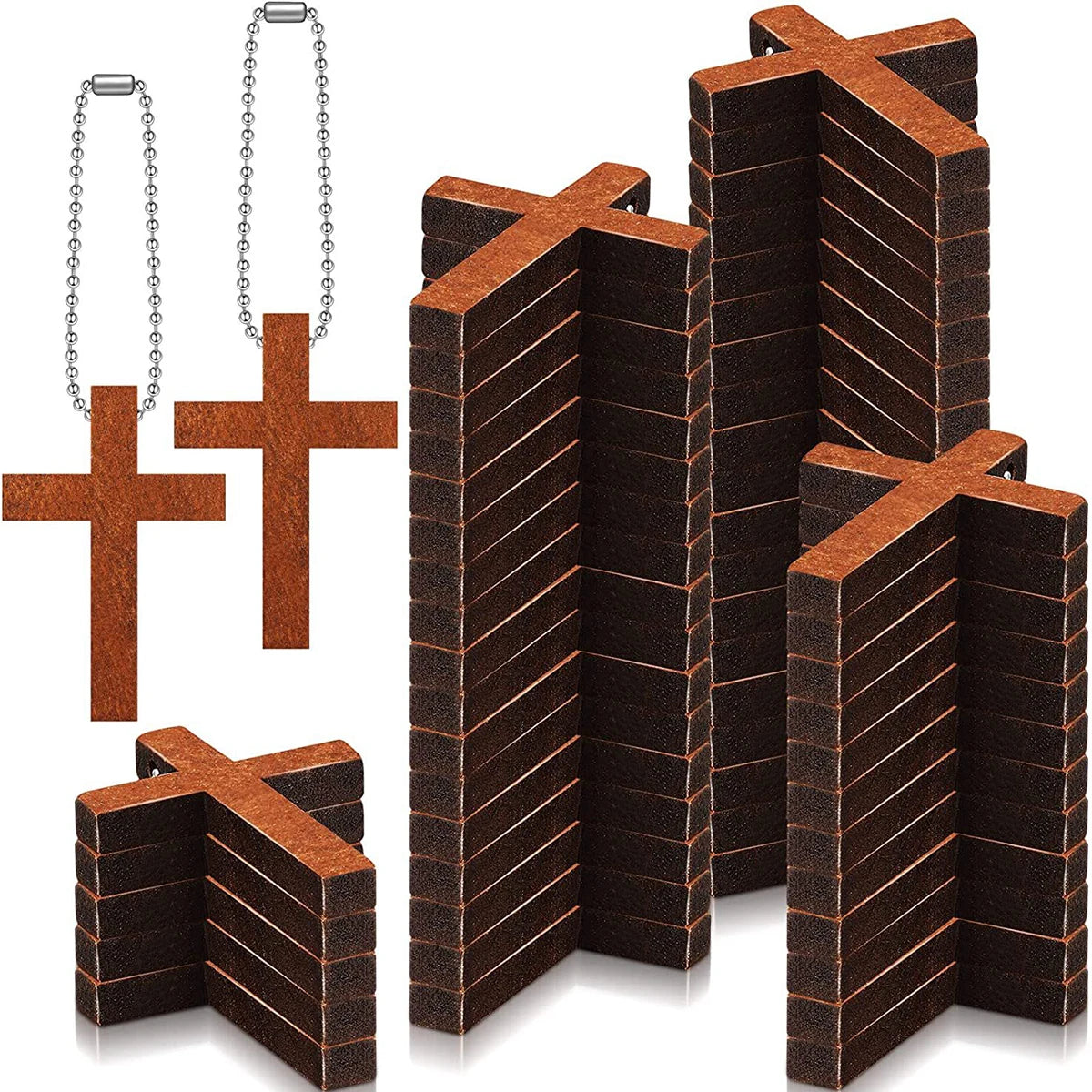 Set of handmade natural wooden Christian cross ornaments for scrapbooking and home decor craft projects.