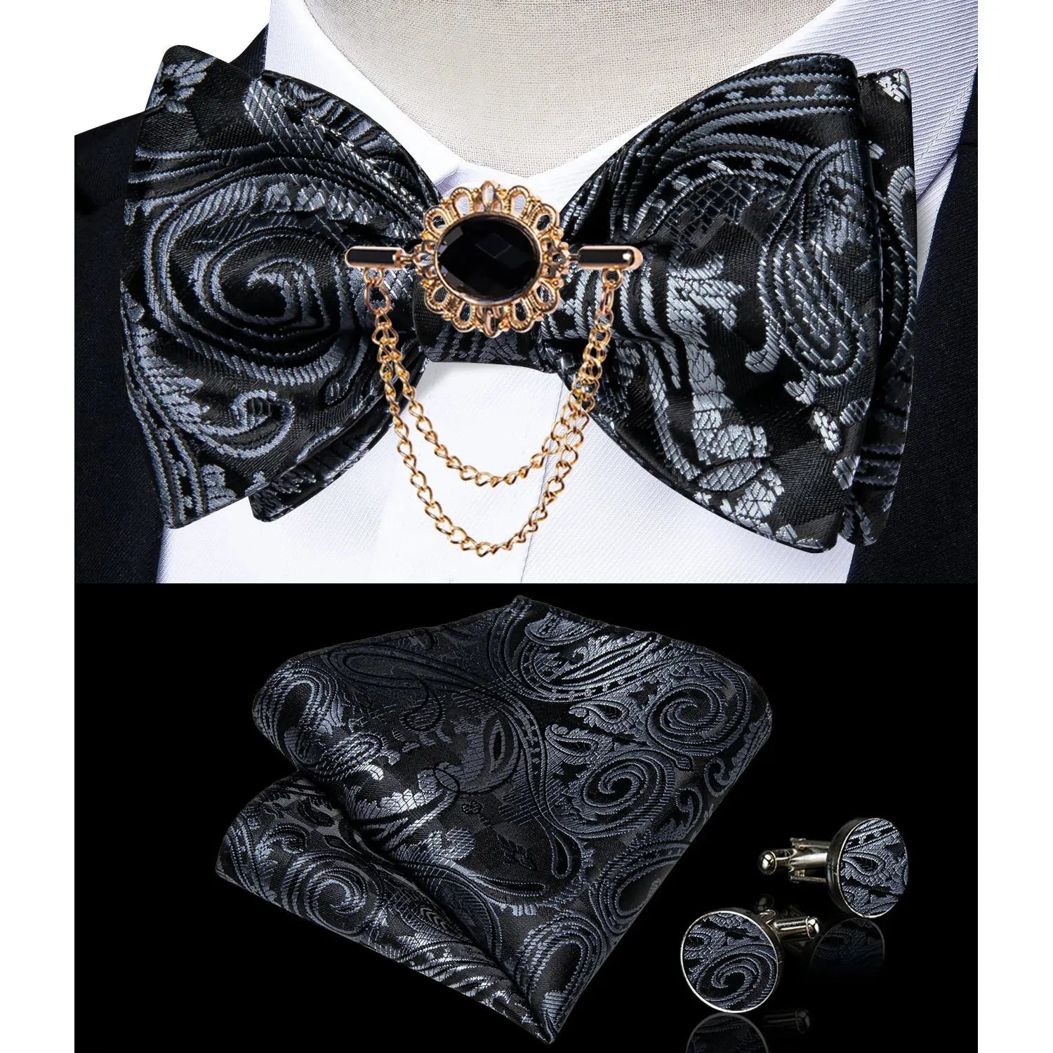 DiBanGu pink plaid silk self-tie bow tie set with brooch and handkerchief, featuring elegant design and detailed accessories.