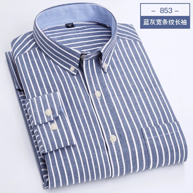 Men's slim fit Oxford shirt by Showlu Fashion Store, long sleeve casual top with non-iron fabric, in classic blue color.
