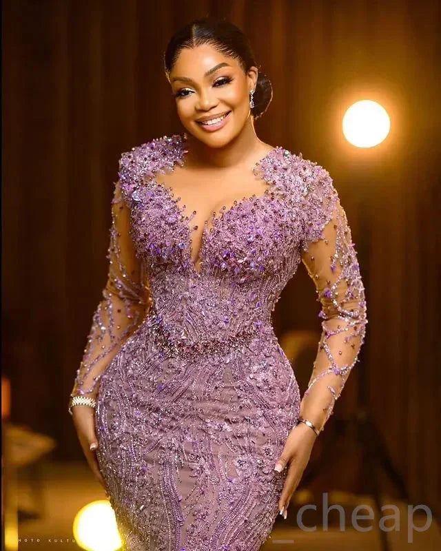 SHOWLU Lilac mermaid prom dress with beaded sequins, elegant evening gown featuring a fitted silhouette and shimmering details.