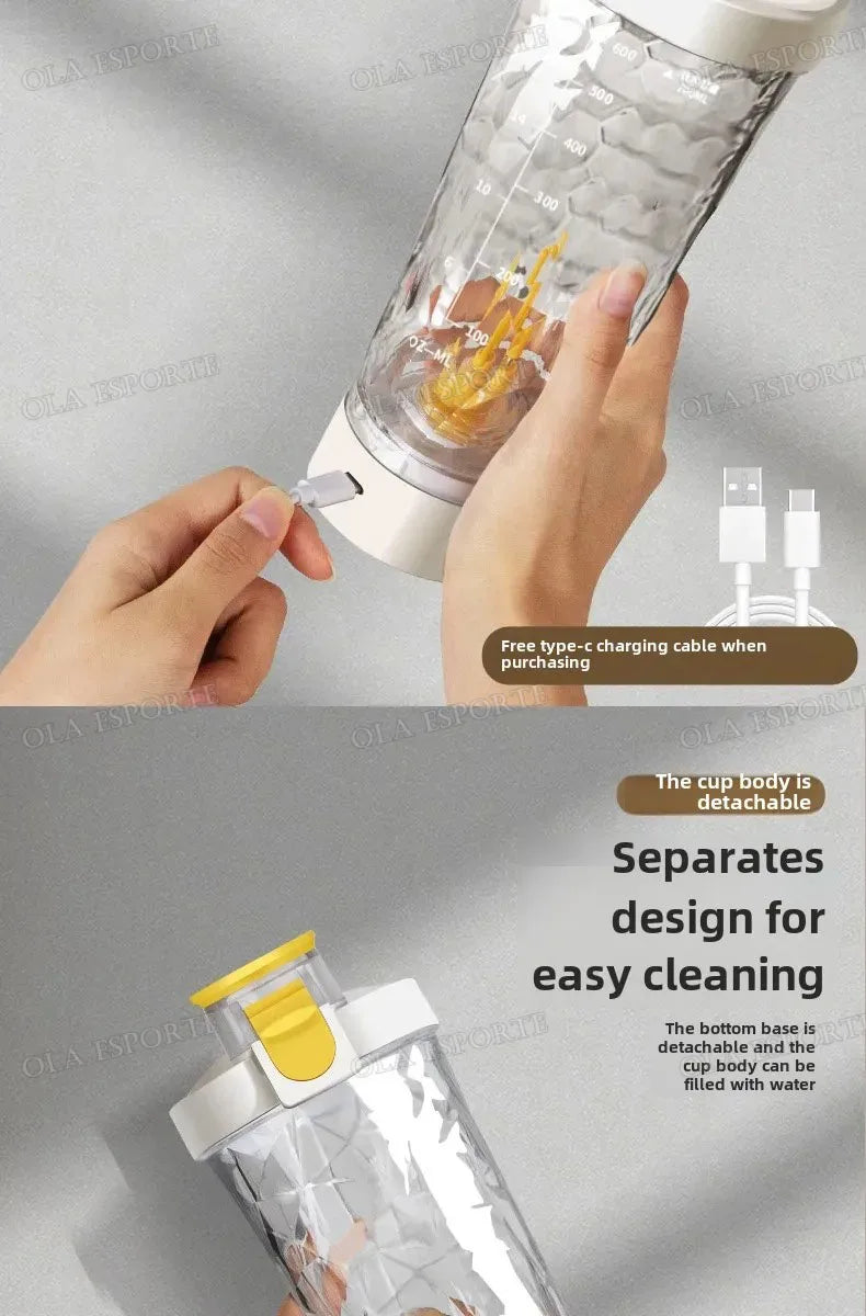 Showlu Smart General portable USB electric protein shake blender cup with blending blade and USB charging port on a white background.