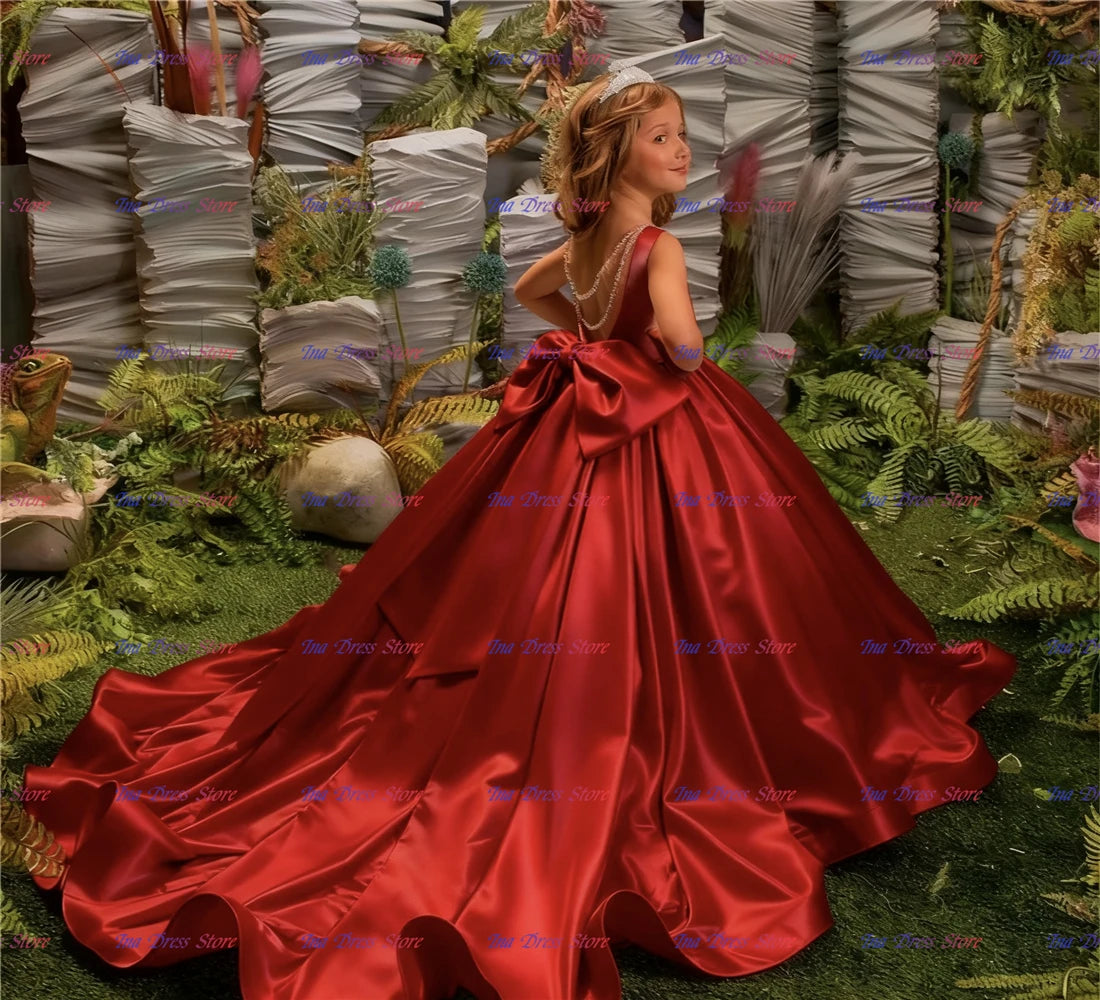 Elegant Red Flower Girl Dress Quality Satin Fluffy Pearl Princess Ball Beauty Little Girls Birthday Party Evening Ball Gowns