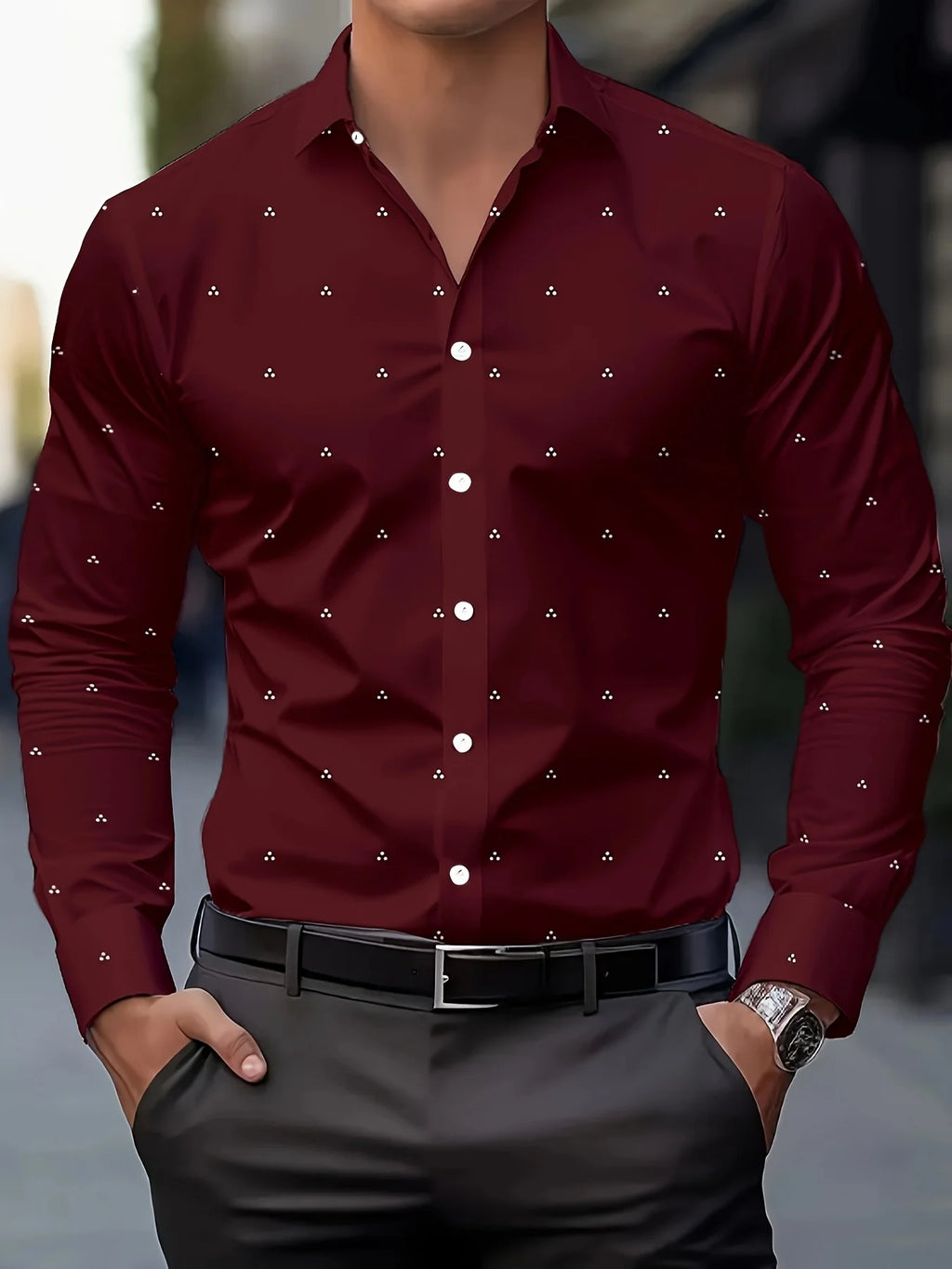 Men's polka dot digital print casual long sleeve shirt with lapel and button, breathable fabric, from Showlu Fashion Store.