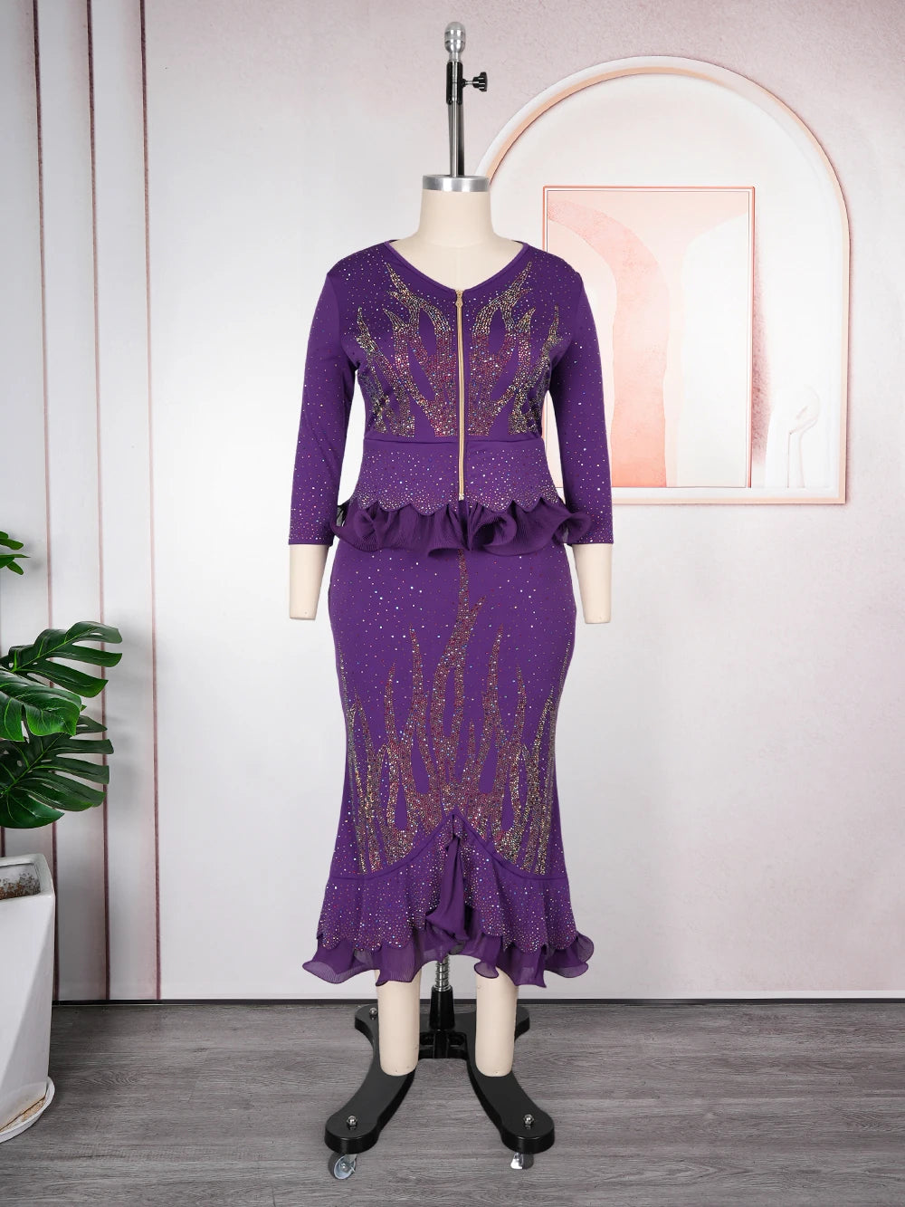 Plus Size African Clothes for Women Dashiki Diamond Luxury Wedding Evening Party Dresses 2 PCS Set Tops And Skirts Suits
