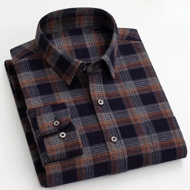 Showlu Fashion men's slim fit long-sleeve plaid cotton shirt with soft brushed fabric, ideal for formal or casual occasions.